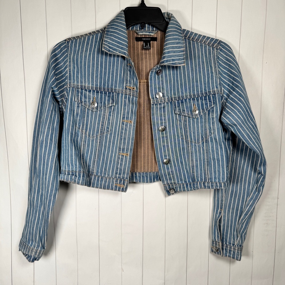 100% Cotton‎ Striped Denim Cropped Blue Jean Jacket Y2K Indie Western Hipster M